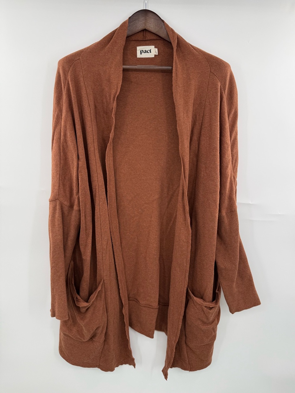 Pact Airplane Cardigan Women L/XL Rust Brown Organic Cotton Open Front Pockets - Picture 2 of 11